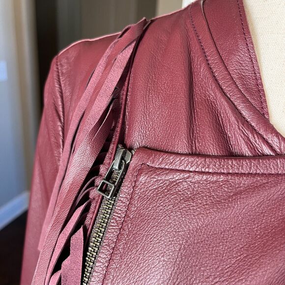 Cleobella Everly Fringe Moto 100% Genuine Sheep Leather Jacket Burgundy Red L - Picture 5 of 13